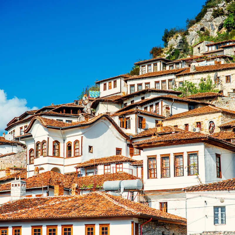 Traditional Whitewashed Ottoman Era Houses In Berat, Albania, Balkan Peninsula, South Eastern Europe