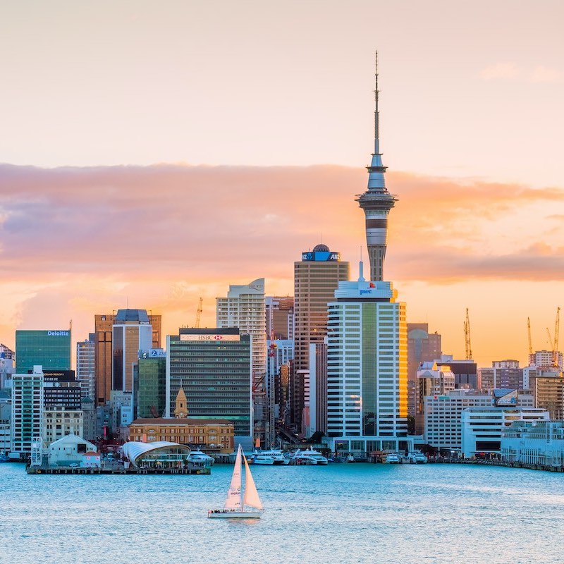 Auckland, New Zealand, skyline during sunset