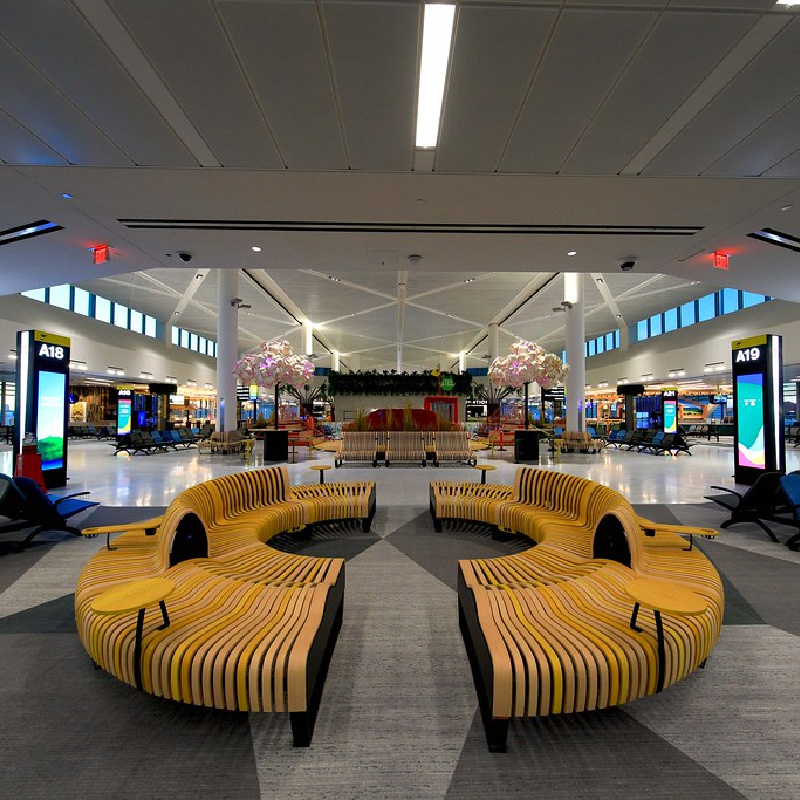 seating inside the newark airport looks uncomfortable