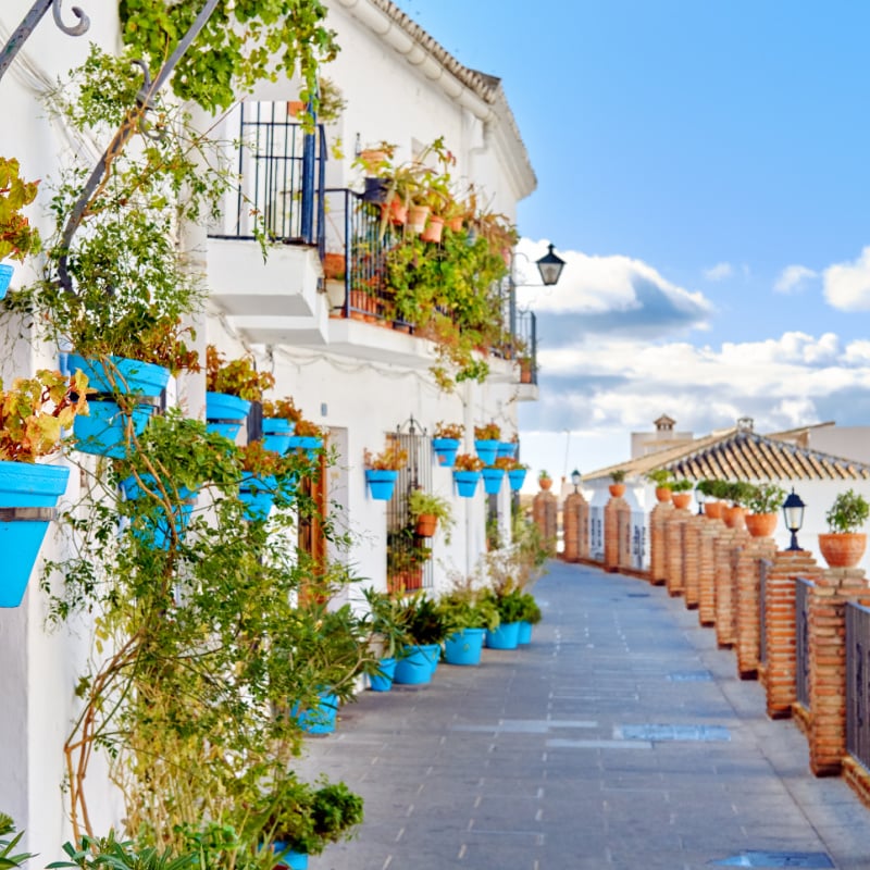 Empty Picturesque Street Of Small Whitewashed Village Of Mijas, Andalusia, Spain, Southern Europe