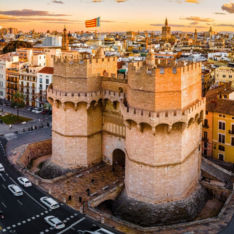 aerial view of the old city walls and towers in valencia spain