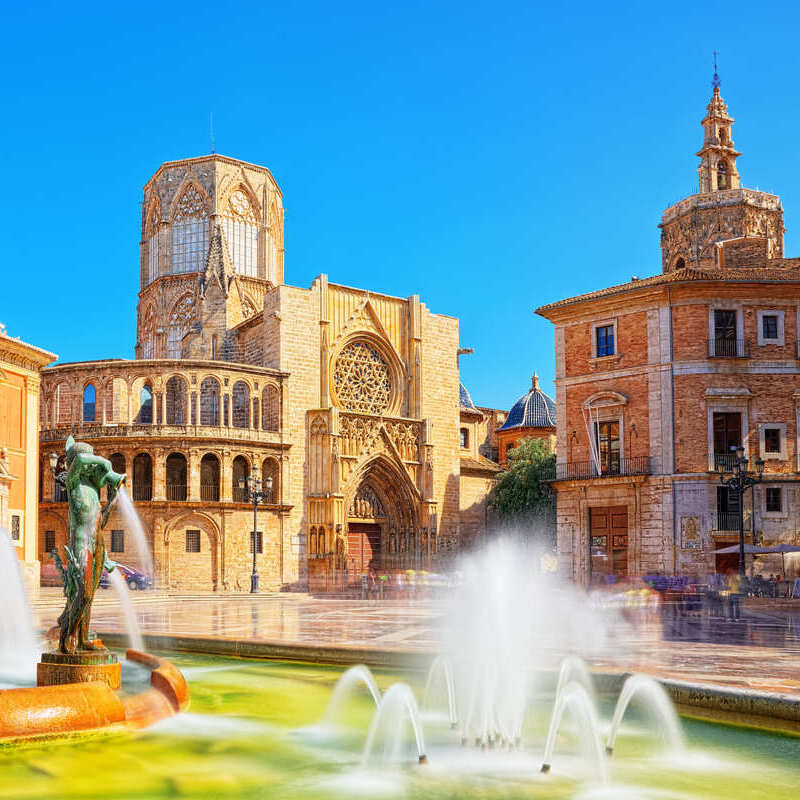 Rio Turia Fountain In Downtown Valencia, A Historical City In The Mediterranean Coast Of Spain, Iberian Peninsula Of Europe