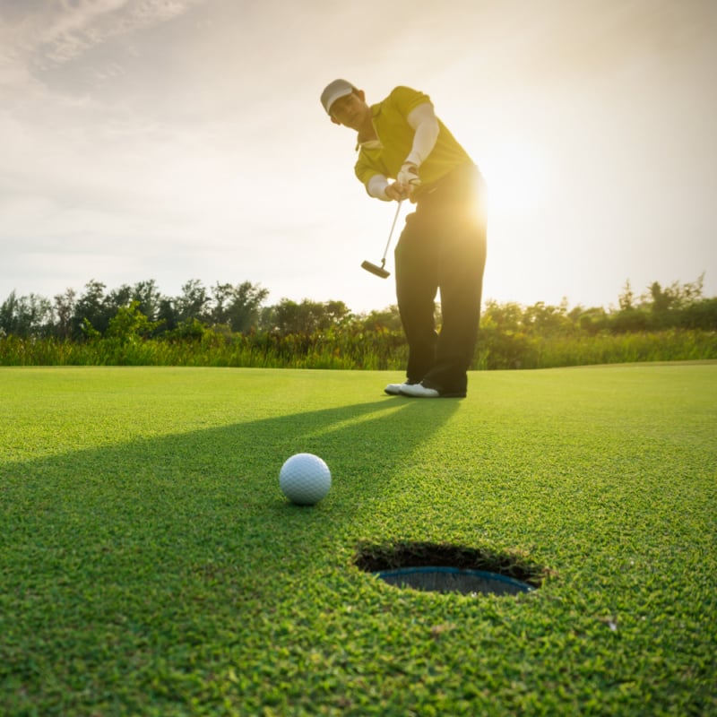 golfer sinking a putt on a green in golden sunlight