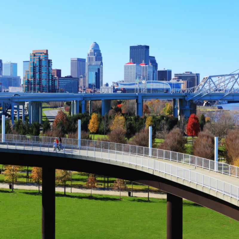 The Louisville, Kentucky skyline with pedestrian walkway in front