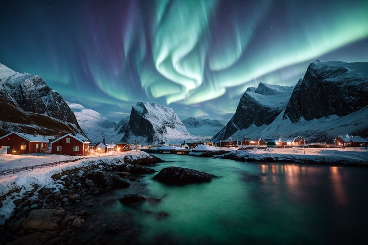 A Wintertime View Of Norway With The Northern Lights, Scandinavia, Northern Europe